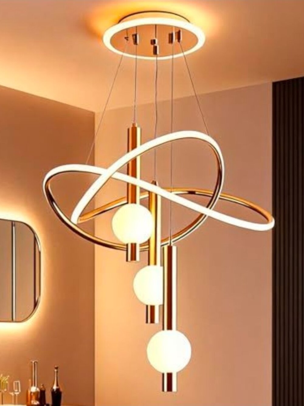 NEW 3-Color Change Brass Gold LED Chandelier, Modern Pendant Light for Kitchen